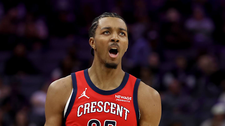 Mar 5, 2026; Sacramento, California, USA; New Orleans Pelicans forward Trey Murphy III (25) reacts after making a three point basket against the Sacramento Kings during the fourth quarter at Golden 1 Center. Mandatory Credit: Dennis Lee-Imagn Images Mar 5, 2026; Sacramento, California, USA; New Orleans Pelicans forward Trey Murphy III (25) reacts after making a three point basket against the Sacramento Kings during the fourth quarter at Golden 1 Center. Mandatory Credit: Dennis Lee-Imagn Images