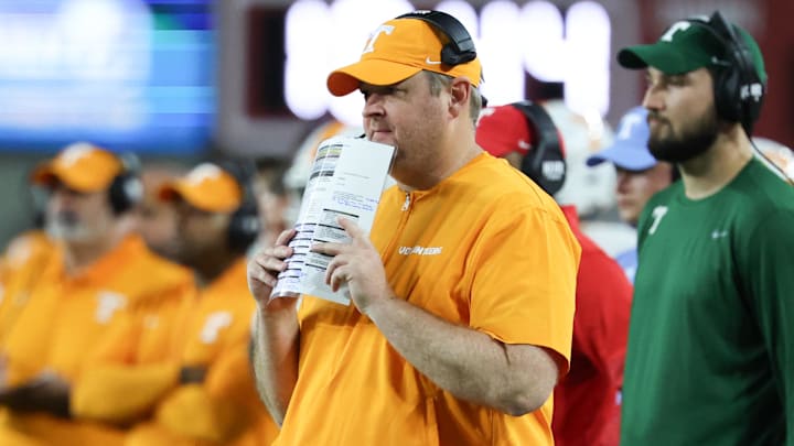 Oct 18, 2025; Tuscaloosa, Alabama, USA; Tennessee Volunteers head coach Josh Heupel looks on in the second quarter against the Alabama Crimson Tide at Saban Field at Bryant-Denny Stadium. Mandatory Credit: David Leong-Imagn Images