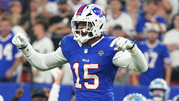 Sep 17, 2026; Orchard Park, New York, USA;  Buffalo Bills linebacker Greg Rousseau (15) reacts during the first half against the Detroit Lions at New Highmark Stadium.  Mandatory Credit: Gregory Fisher-Imagn Images