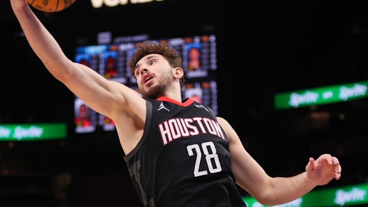 Jan 28, 2025; Atlanta, Georgia, USA; Houston Rockets center Alperen Sengun (28) grabs a rebound against the Atlanta Hawks in the second quarter at State Farm Arena. Mandatory Credit: Brett Davis-Imagn Images Jan 28, 2025; Atlanta, Georgia, USA; Houston Rockets center Alperen Sengun (28) grabs a rebound against the Atlanta Hawks in the second quarter at State Farm Arena. Mandatory Credit: Brett Davis-Imagn Images