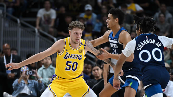 Oct 4, 2024; Palm Desert, California, USA; Los Angeles Lakers center Kylor Kelley (50) defends against the Minnesota Timberwolves during the second half at Acrisure Arena. Mandatory Credit: Jonathan Hui-Imagn Images