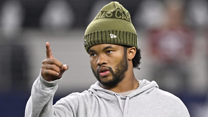 Nov 3, 2025; Arlington, Texas, USA; Arizona Cardinals quarterback Kyler Murray (1) warms up before the game against the Dallas Cowboys at AT&T Stadium. Mandatory Credit: Jerome Miron-Imagn Images
