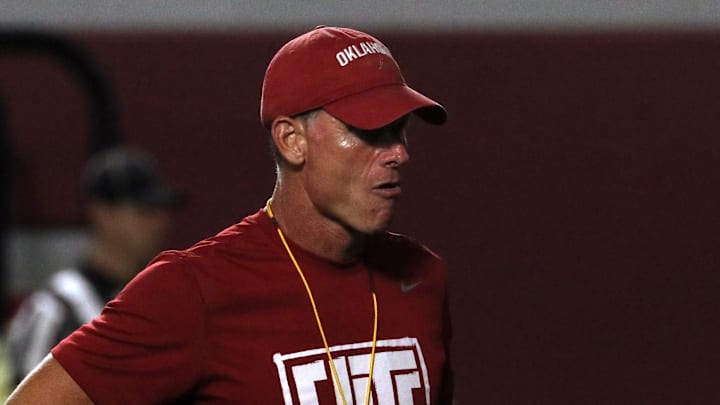 Oklahoma coach Brent Venables looks on at a spring practice. Oklahoma coach Brent Venables looks on at a spring practice.