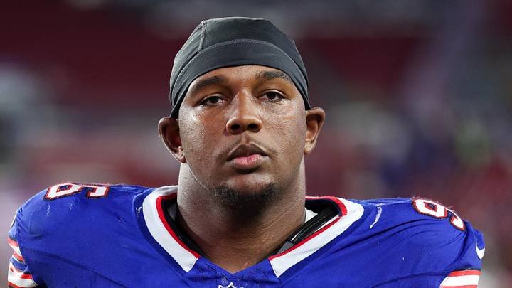 Aug 23, 2025; Tampa, Florida, USA; Buffalo Bills defensive tackle Deone Walker (96) looks on after a game against the Tampa Bay Buccaneers at Raymond James Stadium. Mandatory Credit: Nathan Ray Seebeck-Imagn Images