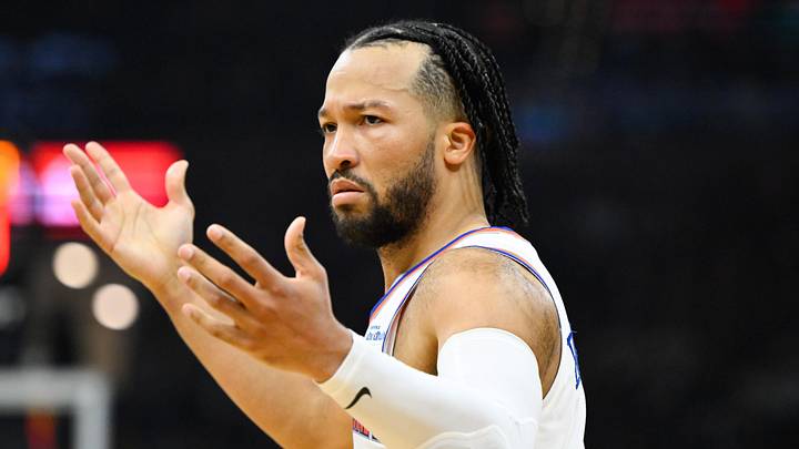 New York Knicks guard Jalen Brunson (11) reacts against the Cleveland Cavaliers during game three of the eastern conference finals for the 2026 NBA playoffs at Rocket Arena on May 23, 2026.
