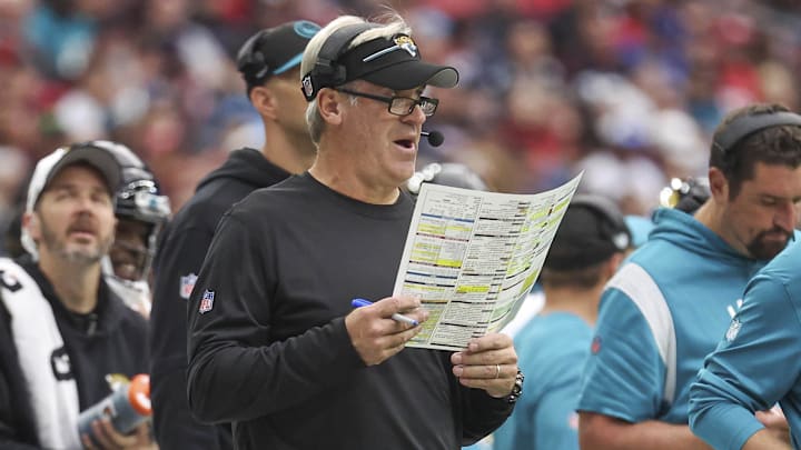 Nov 26, 2023; Houston, Texas, USA; Jacksonville Jaguars head coach Doug Pederson on the sideline during the second quarter against the Houston Texans at NRG Stadium. Mandatory Credit: Troy Taormina-Imagn Images