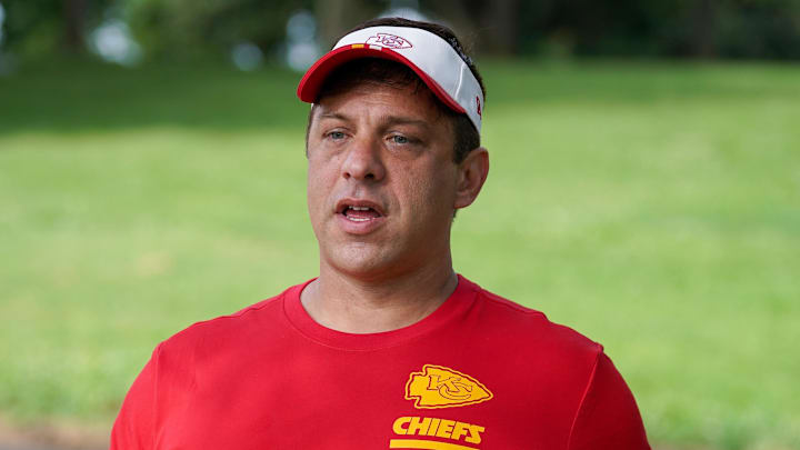 Jul 22, 2025; St. Joseph, MO, USA; Kansas City Chiefs general manager Brett Veach walks down the hill to the fields during training camp at Missouri Western State University. Mandatory Credit: Denny Medley-Imagn Images