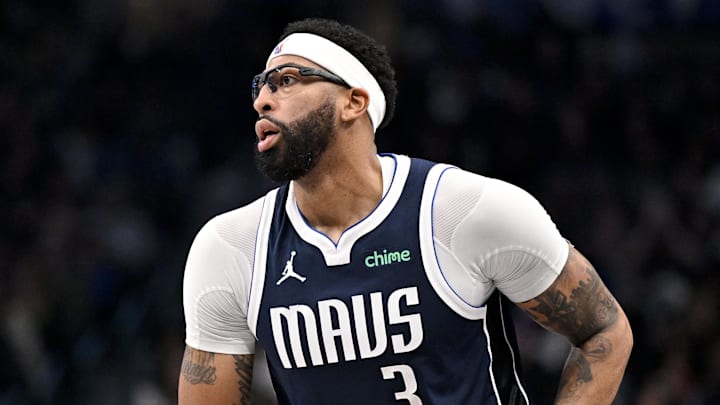 Dec 12, 2025; Dallas, Texas, USA; Dallas Mavericks forward Anthony Davis (3) looks to pass the ball during the game between the Mavericks and the Nets at the American Airlines Center. Mandatory Credit: Jerome Miron-Imagn Images