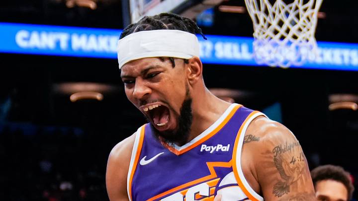 Phoenix, Arizona, USA; Phoenix Suns guard Jordan Goodwin (23) reacts in the first half of the game at Mortgage Match Up Center on Nov 23, 2025. Phoenix, Arizona, USA; Phoenix Suns guard Jordan Goodwin (23) reacts in the first half of the game at Mortgage Match Up Center on Nov 23, 2025.