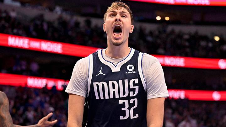 Oct 30, 2026; Dallas, Texas, USA; Dallas Mavericks forward Cooper Flagg (32) celebrates after being fouled on a made basket for a three point play against the Houston Rockets during the second half at American Airlines Center. Mandatory Credit: Jerome Miron-Imagn Images