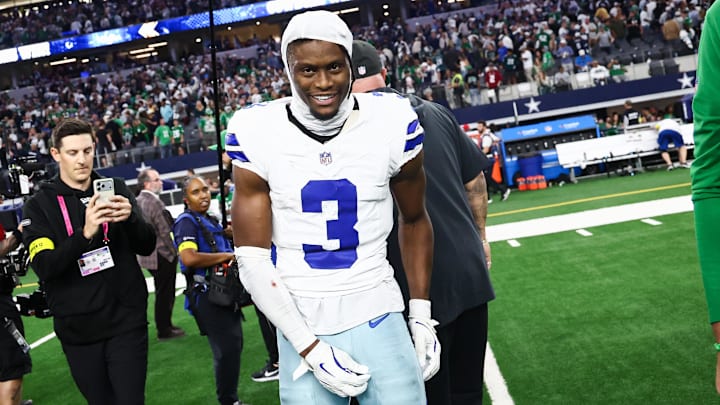 Dallas Cowboys wide receiver George Pickens smiles after the game against the Philadelphia Eagles. Dallas Cowboys wide receiver George Pickens smiles after the game against the Philadelphia Eagles.