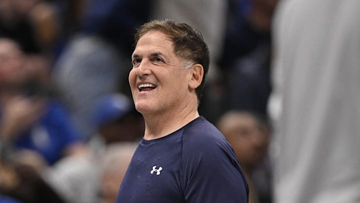 Apr 11, 2025; Dallas, Texas, USA; Dallas Mavericks minority owner Mark Cuban looks on during the second half against the Toronto Raptors at the American Airlines Center. Mandatory Credit: Jerome Miron-Imagn Images