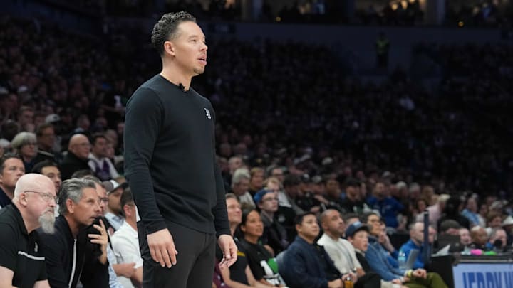 May 8, 2026; Minneapolis, Minnesota, USA; San Antonio Spurs coach Mitch Johnson in the second half against he Minnesota Timberwolves during Game 3 of the second round of the 2026 NBA Playoffs at Target Center. May 8, 2026; Minneapolis, Minnesota, USA; San Antonio Spurs coach Mitch Johnson in the second half against he Minnesota Timberwolves during Game 3 of the second round of the 2026 NBA Playoffs at Target Center.