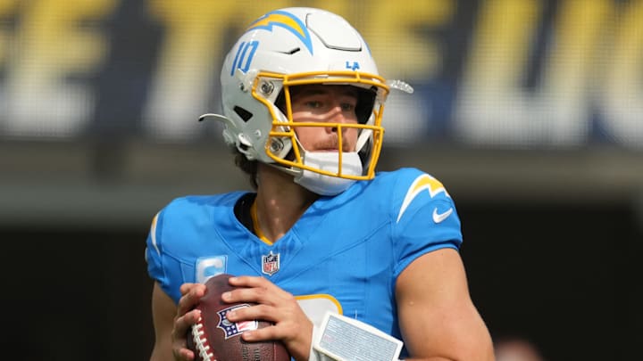 Sep 29, 2024; Inglewood, California, USA; Los Angeles Chargers quarterback Justin Herbert (10) throws the ball in the second quarter against the Kansas City Chiefs at SoFi Stadium. Mandatory Credit: Kirby Lee-Imagn Images