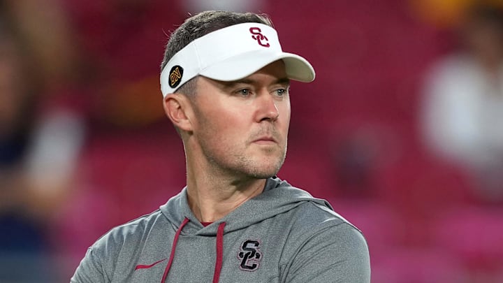 Sep 17, 2022; Los Angeles, California, USA; Southern California Trojans head coach Lincoln Riley reacts before the game against the Fresno State Bulldogs at United Airlines Field at Los Angeles Memorial Coliseum. Mandatory Credit: Kirby Lee-Imagn Images
