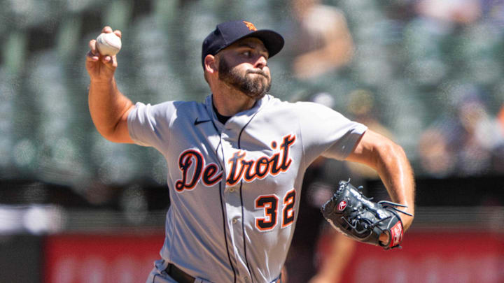 Jul 21, 2022; Oakland, California, USA;  Detroit Tigers relief pitcher Michael Fulmer (32) pitches during the eighth inning against the Oakland Athletics at RingCentral Coliseum.