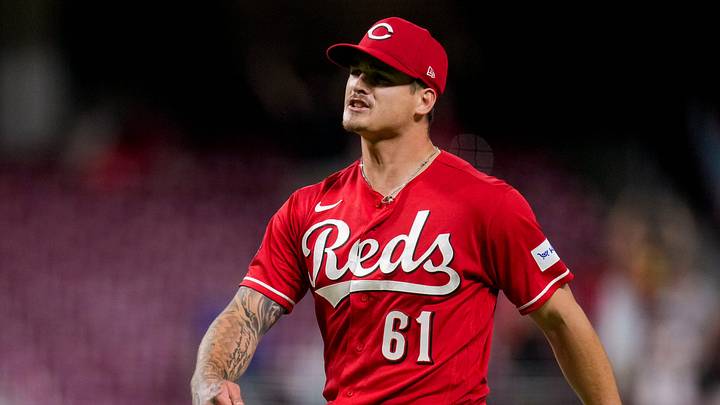 Cincinnati Reds pitcher Chase Petty (61) struts off the mound after striking out Vidal Bruján for the final out of the game in the ninth inning of the MLB National League game between the Cincinnati Reds and the New York Mets at Great American Ball Park in Cincinnati on Monday, June 15, 2026. The Reds won the series opener, 12-0.