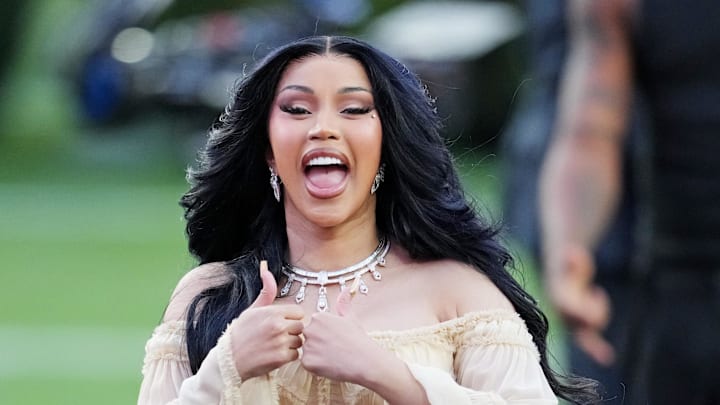 Cardi B arrives for the halftime show at Super Bowl LX