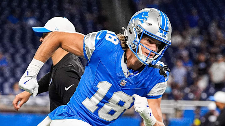 Detroit Lions wide receiver Isaac TeSlaa (18) practices ahead of the Houston Texans game at Ford Field Detroit Lions wide receiver Isaac TeSlaa (18) practices ahead of the Houston Texans game at Ford Field