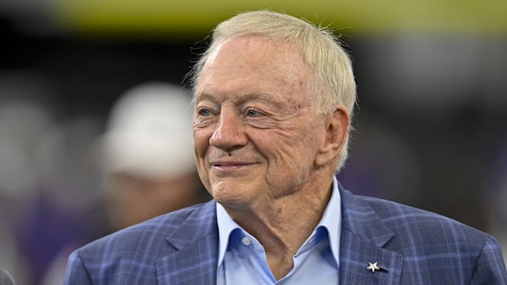 Aug 16, 2025; Arlington, Texas, USA; Dallas Cowboys owner Jerry Jones (left) looks on before the game against the Baltimore Ravens at AT&T Stadium. Mandatory Credit: Jerome Miron-Imagn Images