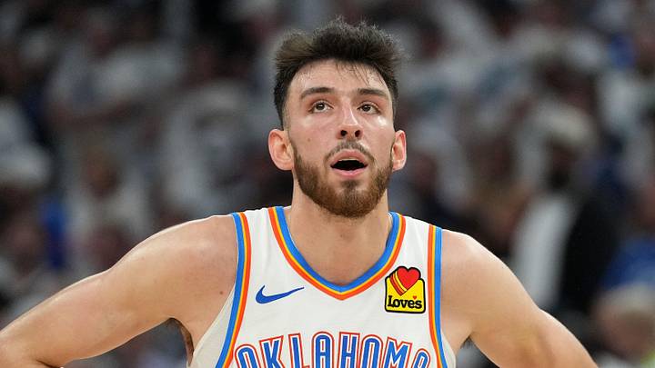 May 26, 2025; Minneapolis, Minnesota, USA; Oklahoma City Thunder forward Chet Holmgren (7) reacts against the Minnesota Timberwolves in the second half during game four of the western conference finals for the 2025 NBA Playoffs at Target Center. Mandatory Credit: Jesse Johnson-Imagn Images