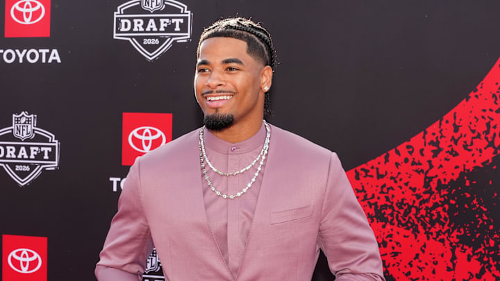 Apr 23, 2026; Pittsburgh, PA, USA; LSU Tigers defensive back Mansoor Delane poses on the red carpet before the 2026 NFL Draft at Point State Park. Mandatory Credit: Kirby Lee-Imagn Images