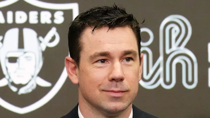 Feb 10, 2026; Henderson, NV, USA; Las Vegas Raiders coach Klint Kubiak speaks at introductory press conference at Intermountain Health Performance Center. Mandatory Credit: Kirby Lee-Imagn Images