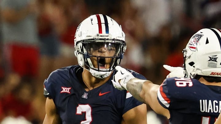 Oct 5, 2024; Tucson, Arizona, USA; Arizona Wildcats defensive lineman Tre Smith (3) celebrate during third quarter against Texas Tech Red Raiders at Arizona Stadium. Mandatory Credit: Aryanna Frank-Imagn Images