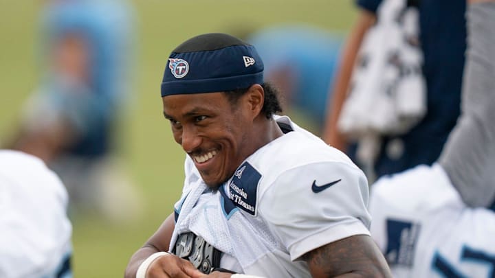 Tennessee Titans cornerback Tre Avery (23) stretches with teammates during training camp at Ascension Saint Thomas Sports Park.