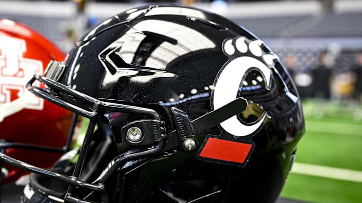 Jul 12, 2023; Arlington, TX, USA; A view of the Cincinnati Bearcats helmet and logo during Big 12 football media day at AT&T Stadium. 