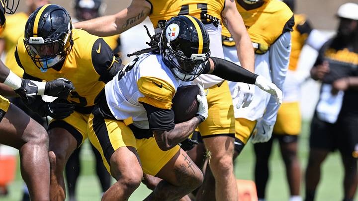 Aug 03, 2026; Latrobe, PA, USA; Pittsburgh Steelers running back Rico Dowdle (13) runs during a practice session at Training camp at Saint Vincent College. Mandatory Credit: Barry Reeger-Imagn Images Aug 03, 2026; Latrobe, PA, USA; Pittsburgh Steelers running back Rico Dowdle (13) runs during a practice session at Training camp at Saint Vincent College. Mandatory Credit: Barry Reeger-Imagn Images