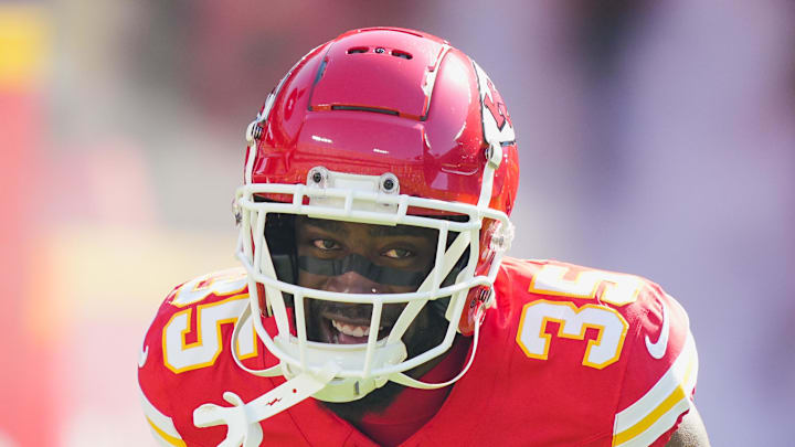 Sep 28, 2025; Kansas City, Missouri, USA; Kansas City Chiefs cornerback Jaylen Watson (35) takes the field prior to a game against the Baltimore Ravens at GEHA Field at Arrowhead Stadium. Mandatory Credit: Jay Biggerstaff-Imagn Images