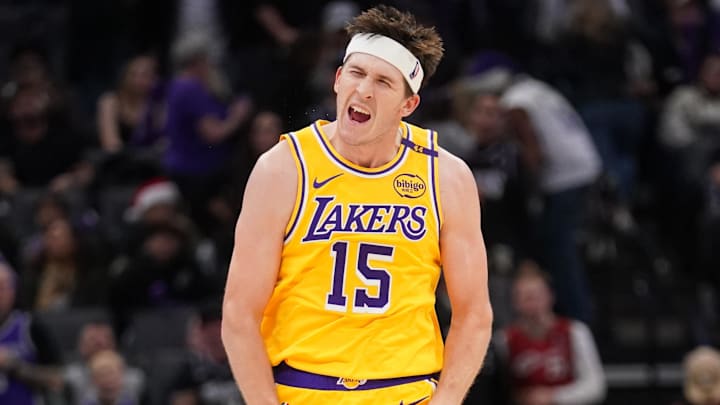 Dec 19, 2024; Sacramento, California, USA; Los Angeles Lakers guard Austin Reaves (15) reacts after making a basket against the Sacramento Kings in the fourth quarter at the Golden 1 Center. Mandatory Credit: Cary Edmondson-Imagn Images
