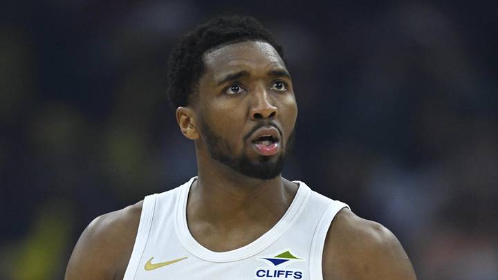 Apr 8, 2026; Cleveland, Ohio, USA; Cleveland Cavaliers guard Donovan Mitchell (45) reacts in the third quarter  against the  Atlanta Hawks at Rocket Arena. Mandatory Credit: David Richard-Imagn Images