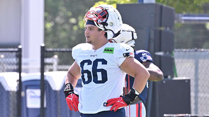 Jul 28, 2025; Foxborough, MA, USA; New England Patriots offensive tackle Will Campbell (66) takes a break during warm-ups at training camp at Gillette Stadium. Mandatory Credit: Eric Canha-Imagn Images Jul 28, 2025; Foxborough, MA, USA; New England Patriots offensive tackle Will Campbell (66) takes a break during warm-ups at training camp at Gillette Stadium. Mandatory Credit: Eric Canha-Imagn Images