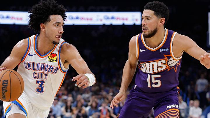 Oct 26, 2026; Oklahoma City, Oklahoma, USA; Oklahoma City Thunder guard Jared McCain (3) drives by Phoenix Suns guard Devin Booker (15) during the second half at Paycom Center. Mandatory Credit: Alonzo Adams-Imagn Images Oct 26, 2026; Oklahoma City, Oklahoma, USA; Oklahoma City Thunder guard Jared McCain (3) drives by Phoenix Suns guard Devin Booker (15) during the second half at Paycom Center. Mandatory Credit: Alonzo Adams-Imagn Images