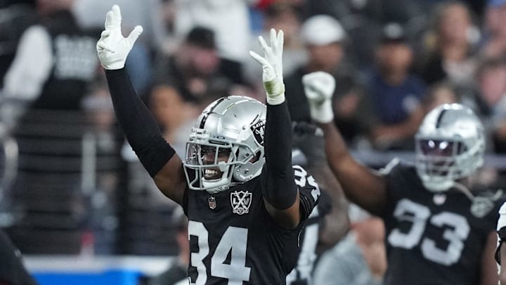 Dec 22, 2024; Paradise, Nevada, USA; Las Vegas Raiders safety Thomas Harper (34) celebrates in the fourth quarter against the Jacksonville Jaguars at Allegiant Stadium. Mandatory Credit: Kirby Lee-Imagn Images