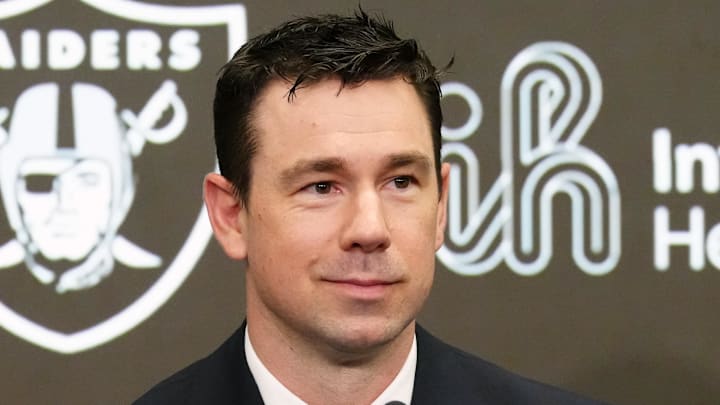 Feb 10, 2026; Henderson, NV, USA; Las Vegas Raiders coach Klint Kubiak speaks at introductory press conference at Intermountain Health Performance Center. Mandatory Credit: Kirby Lee-Imagn Images