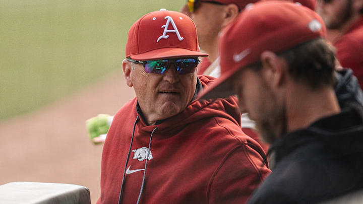 Arkansas coach Dave Van Horn in the dugout against the Charlotte 49ers. Arkansas won 4-3.