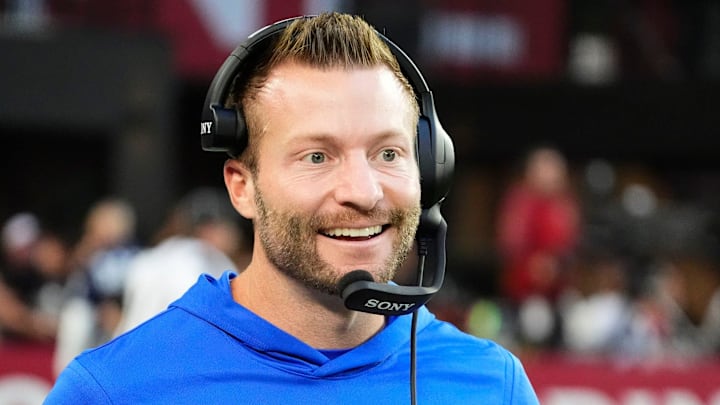 Los Angeles Rams head coach Sean McVay smiles after a touchdown by wide receiver Puka Nacua (12) against the Arizona Cardinals in the second half at State Farm Stadium on Dec 7, 2025, in Glendale, Ariz.