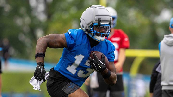 Aug 2, 2026; Allen Park, MI, USA; Detroit Lions wide receiver Jackson Meeks (13) carries the ball during Detroit Lions training camp at Meijer Performance Center. Mandatory Credit: Paul Barnick-Imagn Images Aug 2, 2026; Allen Park, MI, USA; Detroit Lions wide receiver Jackson Meeks (13) carries the ball during Detroit Lions training camp at Meijer Performance Center. Mandatory Credit: Paul Barnick-Imagn Images