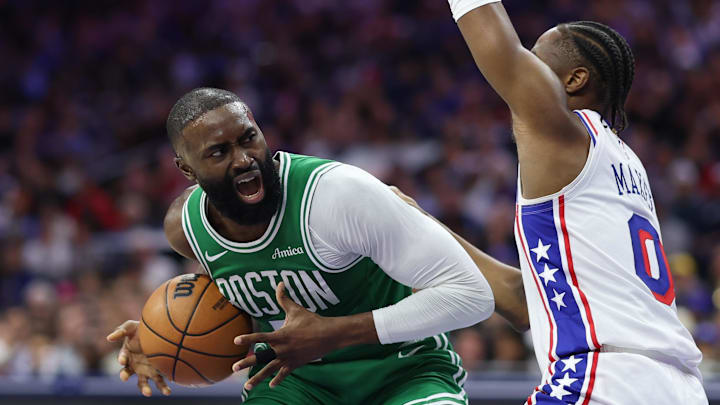 Apr 30, 2026; Philadelphia, Pennsylvania, USA; Boston Celtics guard Jaylen Brown (7) drives against Philadelphia 76ers guard Tyrese Maxey (0) during the second quarter at Xfinity Mobile Arena. Mandatory Credit: Bill Streicher-Imagn Images