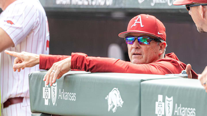 Arkansas coach Dave Van Horn watches on from the dugout in game two of the series against South Carolina. The Razorbacks won 12-3. Arkansas coach Dave Van Horn watches on from the dugout in game two of the series against South Carolina. The Razorbacks won 12-3.