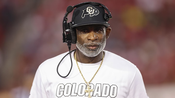 Sep 12, 2025; Houston, Texas, USA; Colorado Buffaloes head coach Deion Sanders looks on from the sideline during the first half against the Houston Cougars at TDECU Stadium. Mandatory Credit: Troy Taormina-Imagn Images