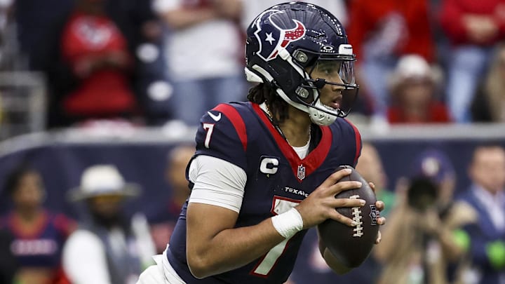 Dec 3, 2023; Houston, Texas, USA; Houston Texans quarterback C.J. Stroud (7) in action during the game against the Denver Broncos at NRG Stadium. 