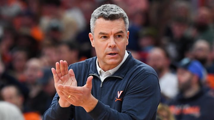 Jan 30, 2023; Syracuse, New York, USA; Virginia Cavaliers head coach Tony Bennett looks on against the Syracuse Orange during the second half at the JMA Wireless Dome. Mandatory Credit: Rich Barnes-Imagn Images