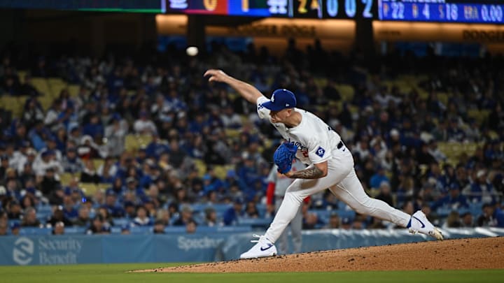 Mar 29, 2024; Los Angeles, California, USA; Los Angeles Dodgers starting pitcher Bobby Miller (28) throws a pitch against the St. Louis Cardinals during the second inning at Dodger Stadium. Mandatory Credit: Jonathan Hui-Imagn Images
