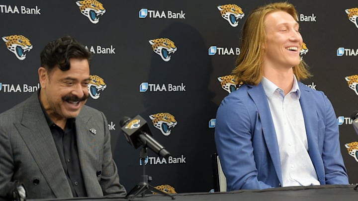 April 30, 2021: Jaguars owner Shad Khan, quarterback Trevor Lawrence and head coach Urban Meyer share a moment of levity during Friday afternoon's press conference. After his arrival in Jacksonville, Florida Friday morning, April 30, 2021, Jacksonville Jaguars first-round draft pick Trevor Lawrence along with team owner Shad Khan, head coach Urban Meyer and the Jaguars general manager Trent Baalke held a press conference in the afternoon inside TIAA Bank Field. They were also joined by the