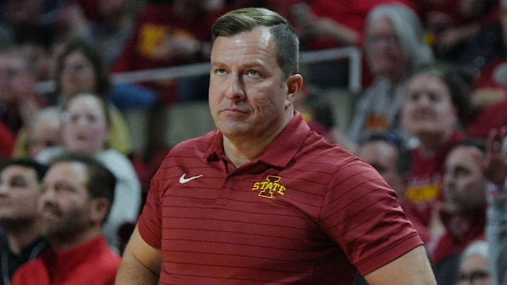 Iowa State Cyclones men's basketball head coach T.J. Otzelberger watches the game from the bench during the second half in the Big-12 conference men’s basketball against Texas Tech on Feb. 28, 2026, at Hilton Coliseum in Ames, Iowa. 