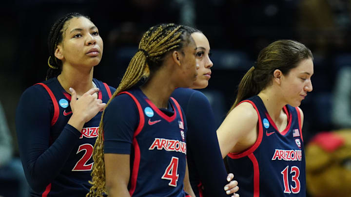 Mar 23, 2024; Storrs, Connecticut, USA; Arizona Wildcats head coach Adia Barnes with her team during a break in the action as they take on the Syracuse Orange at Harry A. Gampel Pavilion. Mandatory Credit: David Butler II-Imagn Images Mar 23, 2024; Storrs, Connecticut, USA; Arizona Wildcats head coach Adia Barnes with her team during a break in the action as they take on the Syracuse Orange at Harry A. Gampel Pavilion. Mandatory Credit: David Butler II-Imagn Images